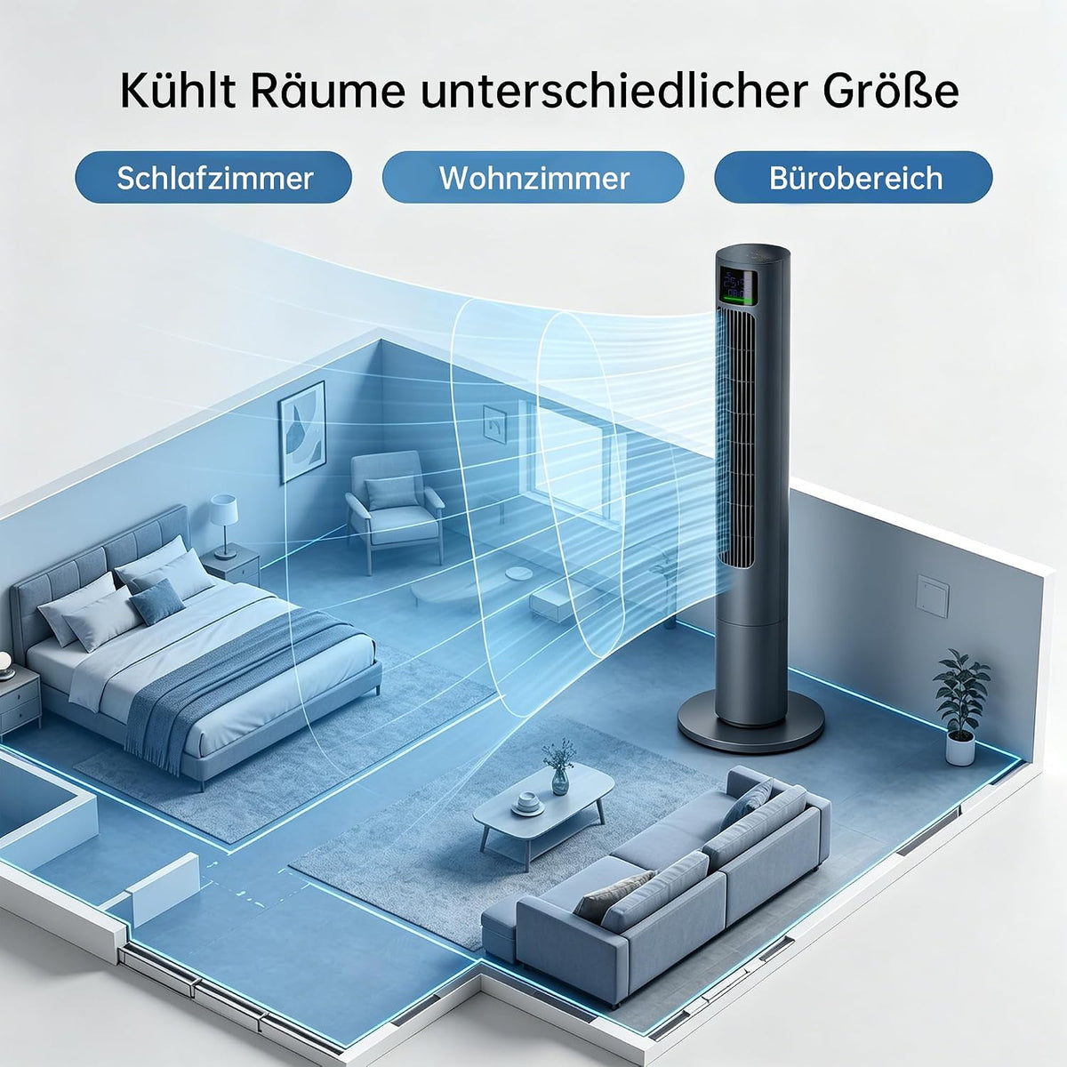 PHILODECO Turmventilator 115 cm Grau, leiser Standventilator mit Fernbedienung leise, 10 m Reichweite, 4 Stufen & 4 Modi, 90° Schwenk, 12h Timer, energiesparend