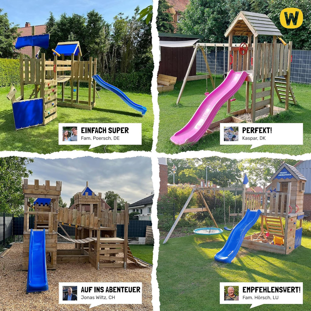 WICKEY Spielturm Klettergerüst MultiFlyer mit Holzdach, Schaukel & pastellgrüner Rutsche, Outdoor Kinder Kletterturm mit Sandkasten, Leiter & Spiel-Zubehör für den Garten