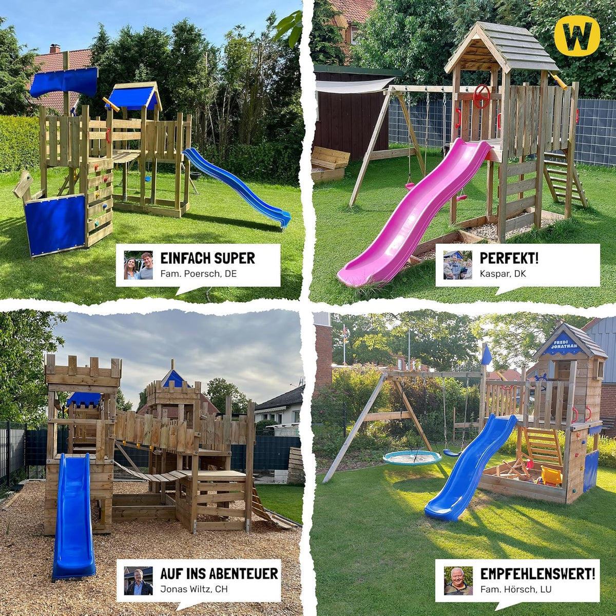 WICKEY Spielturm Klettergerüst MultiFlyer mit Holzdach, Schaukel & pastellgrüner Rutsche, Outdoor Kinder Kletterturm mit Sandkasten, Leiter & Spiel-Zubehör für den Garten