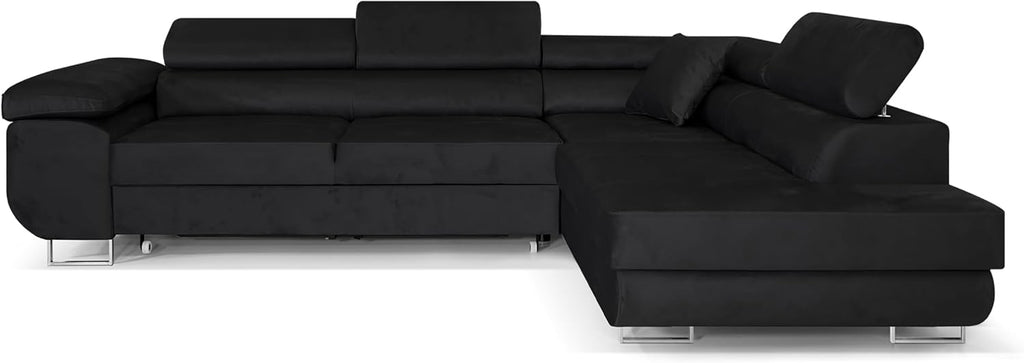 Ecksofa mit Schlaffunktion PASTI L-Form, Sofa Couch mit Bettkasten, 3-Sitzer Eckcouch, Schlafsofa für Wohnzimmer, Big Sofa Couch mit Schlaffunktion (Schwarz, Ottomane Rechts)