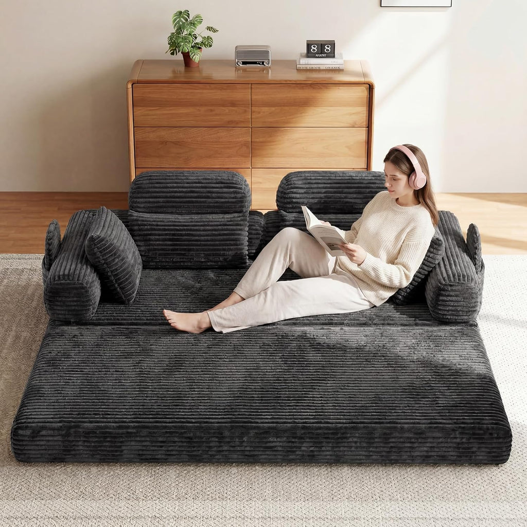 HOMRELEXA Schlafsofa 200cm Breit, Boneless Couch, Bodensofa Bed mit Hohe Rückenlehne, Abnehmbare Integrierte Kopf- und Lendenstütze, 2 Zierkissen, Seitentasche, Cord Sofa mit schlaffunktion, Grau | Hohe Rückenlehne, 2 Zierkissen, Abnehmbare Armlehnen