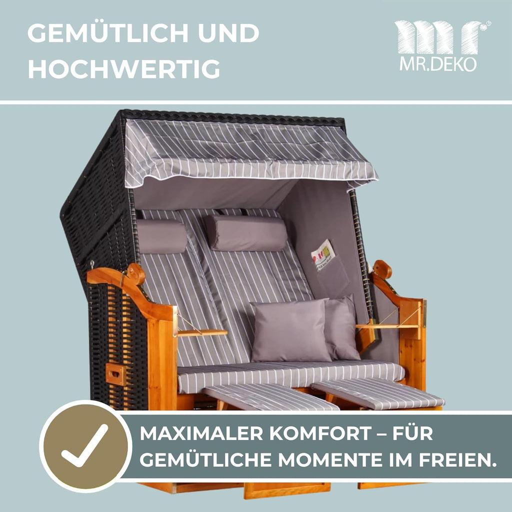 Strandkorb Ostsee Wacholder PE Schwarz (Dessin Royal Grau) | 2 Sitzer-Strandkorb wetterfest | Volllieger Hartholz Zweisitzer | Strandkörbe Balkon | Beach Chair Garten