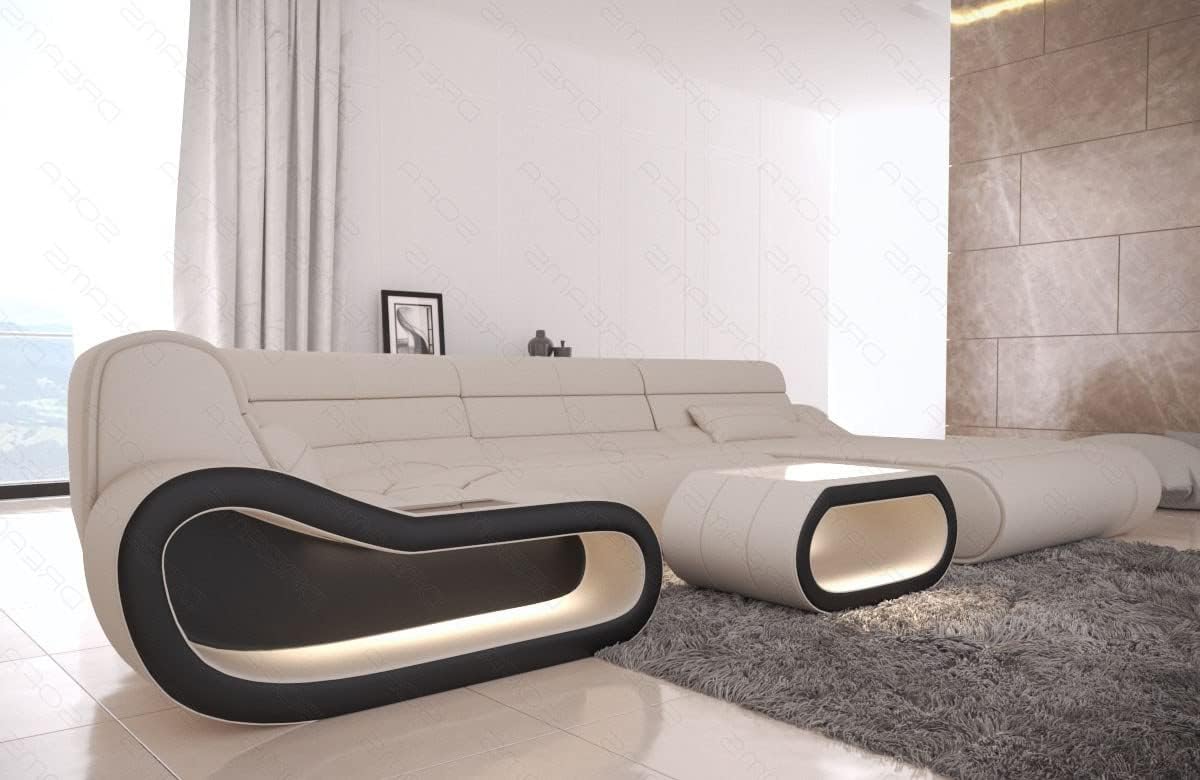 Sofa Dreams Wohnlandschaft Concept U Form - mit LED Beleuchtung, Ottomane/Mikrofaser/Ausrichtung wählbar (Ottomane rechts, Schwarz-Elfenbein)