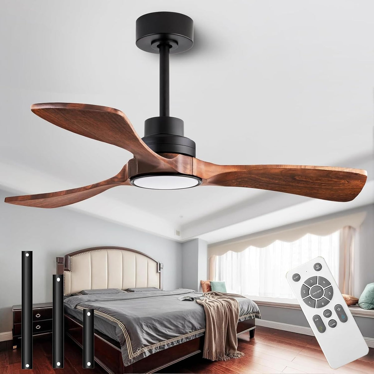 106cm Deckenventilator mit Beleuchtung und Fernbedienung, 3 Holz Flügeln, 18W LED-Licht mit Dimmfunktion (3000K, 4500K, 6500K) Leise DC Motor, 6 Geschwindigkeiten, Timer, Für Schlafzimmer Wohnzimmer