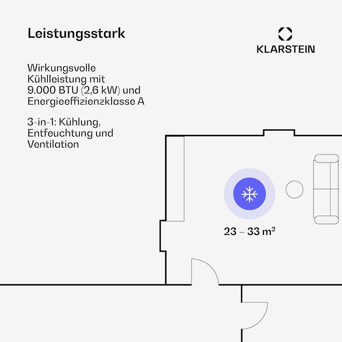Klarstein Mobile Klimaanlage mit Abluftschlauch, 4-in-1 Klimagerät mit Ventilator, Luftentfeuchter & Nachtmodus, Kleine & Portable Klimaanlage für Wohnung & Büro, Niedriger Verbrauch, 9000 BTU