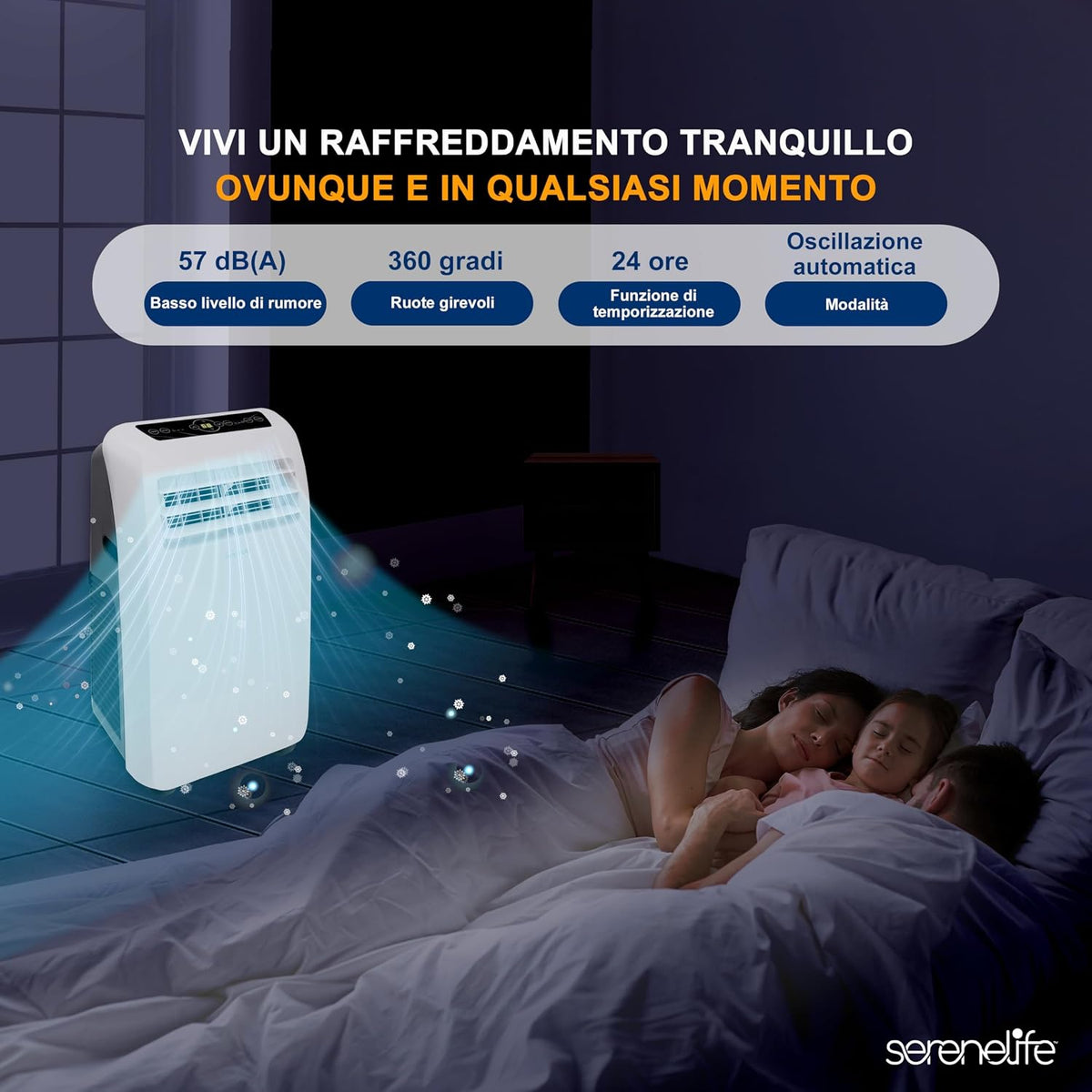 SereneLife Mobile Klimaanlage 4 kW 9000 BTU – L52 dB Leises Klimagerät für Schlafzimmer bis 20 m², Angenehme Kühlung an heißen Tagen, mit Entfeuchter, Lüfter & Fernbedienung