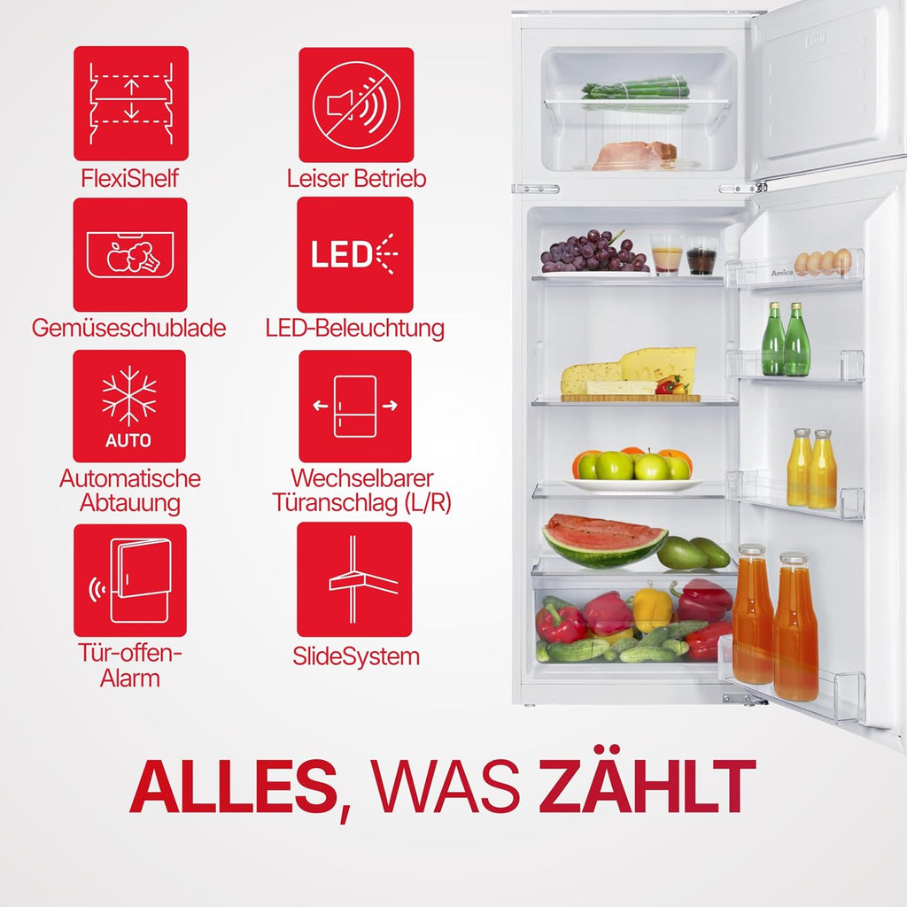 Amica Einbau-Kühlschrank mit Gefrierfach oben, Doppeltür, 145 cm Nische, Schlepptür-Technik, elektronische Steuerung, Inverter-Motor, LED-Beleuchtung
