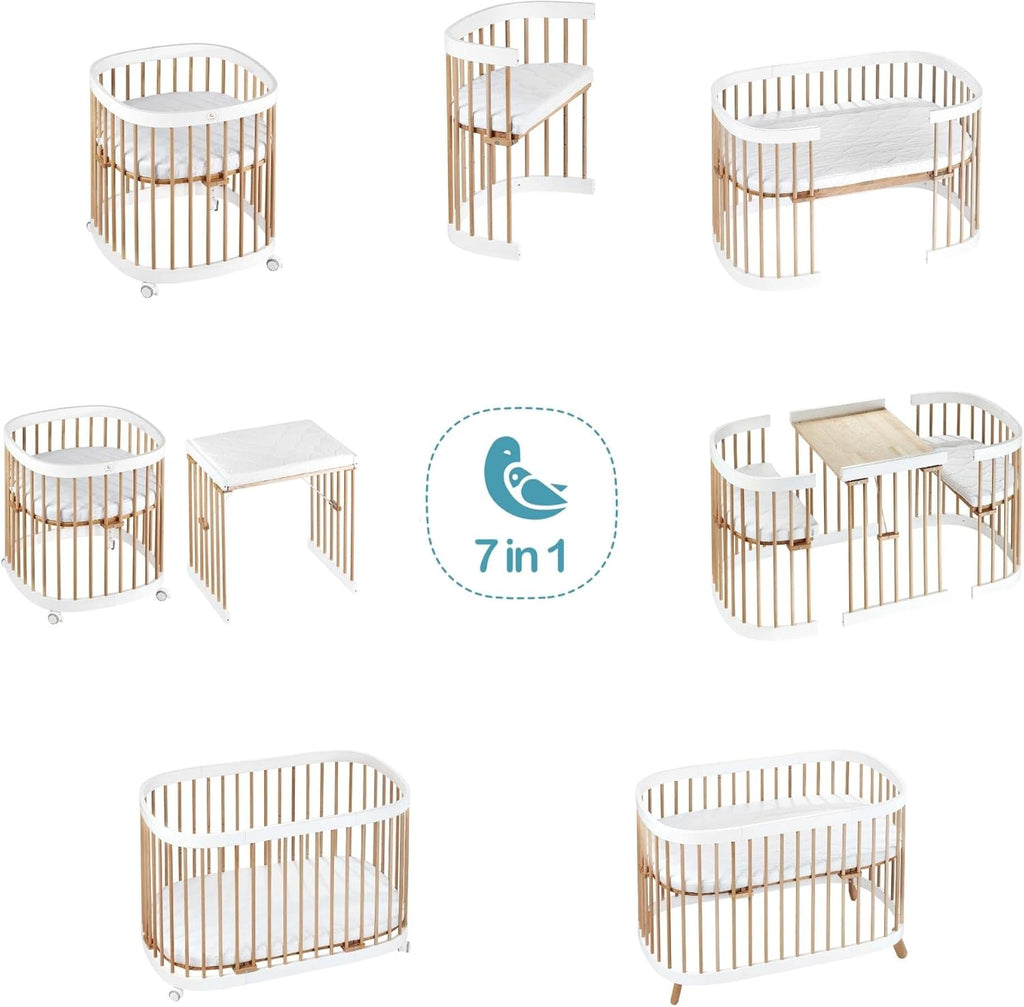 tweeto® Babybett 7 in 1 – mitwachsendes Babybett aus Holz | höhenverstellbares Beistellbett & Gitterbett | umbaubar zu Kinderbett & Laufstall (Buche Natur)