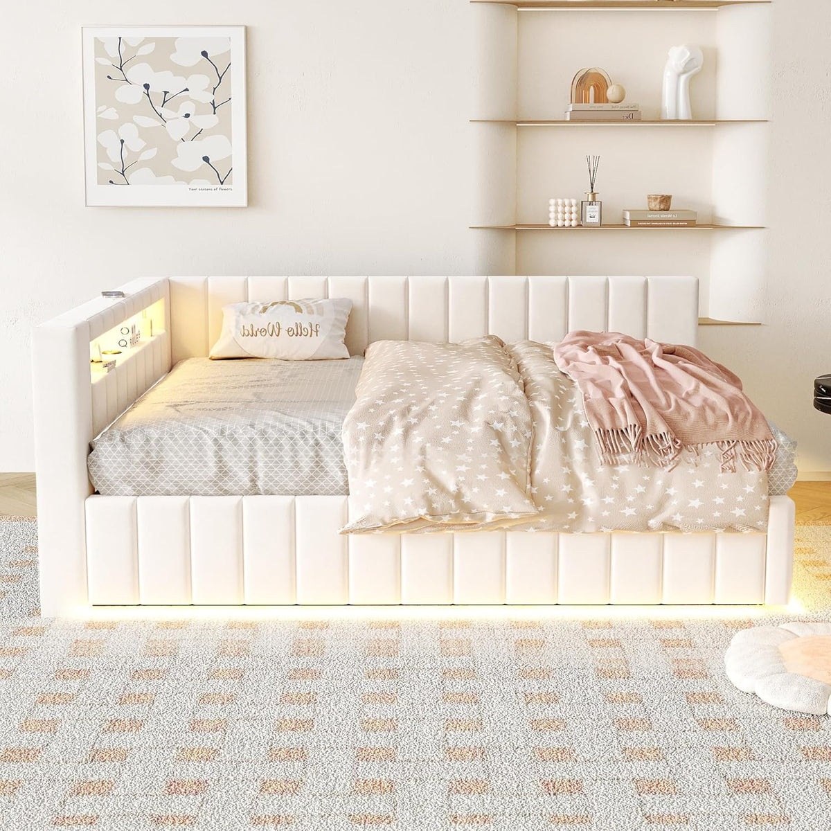 Polsterbett Schlafsofa 140x200, Doppelbett mit Hydraulischem Stauraum, mit LED-Licht und USB-Ladefunktion, Tagesbett Jugendbett mit Lattenrost, Samtstoff, ohne Matratze (Beige)