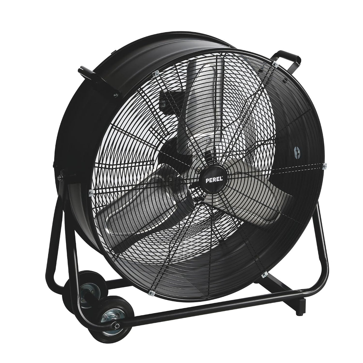 Perel Bodenventilator Ø 60 cm, Trommelventilator, Ventilator groß stark, Windmaschine, Industrieventilator, Trommelgebläse, 2 Geschwindigkeiten, Metall, schwarz, 22.5 kg