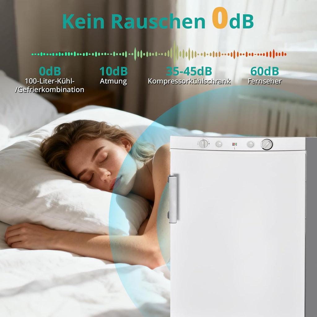 SMETA Gaskühlschrank Gefrierschrank 12V/230V/Gas, Kühlschrank Mit Gefrierfach 100L, Leiser Kombikühlschrank Für Camping, Zuhause, Wohnwagen, Garage, Gite, Wohnmobil, Weiß