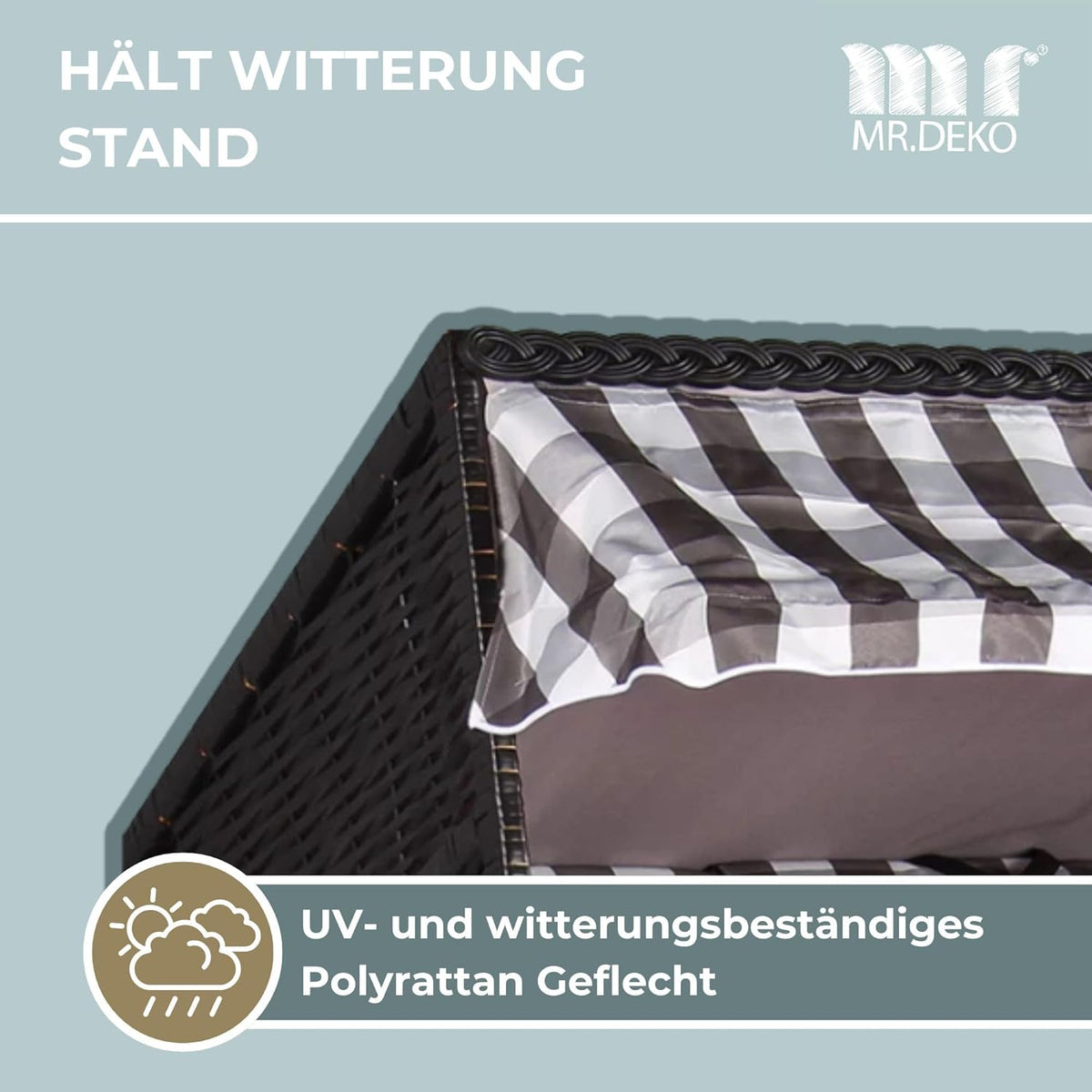 Strandkorb Ostsee Wacholder PE Schwarz | 2 Sitzer wetterfest | Volllieger Hartholz Zweisitzer | Roofed Wicker Beach Chair Garten | Strandkörbe Balkon | Strandstuhl (Dessin Grau Kariert)