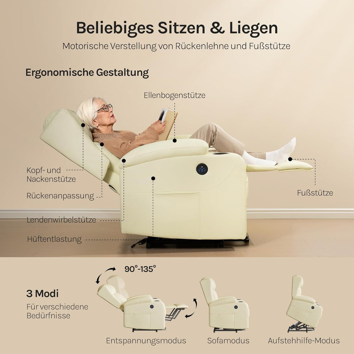WOLTU Massagesessel, elektrisch verstellbar, mit Liegefunktion Aufstehhilfe, Massage Heizung Fußstütze Seitentaschen Becherhaltern USB-Port, Kunstleder, Beige