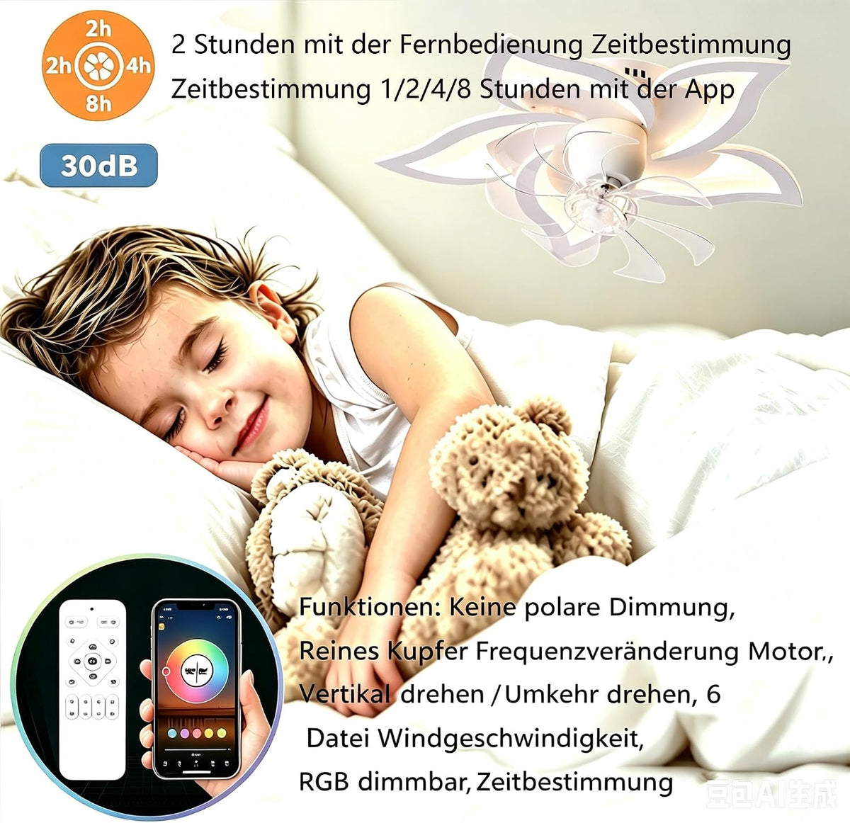 Leise LED Deckenventilator mit Beleuchtung,360° Drehbar Fan Lampe,69cm Dimmbare Deckenlampe mit Ventilator und Fernbedienung/APP,Timer 6 Geschwindigkeiten Lampe mit Ventilator (Weiß)
