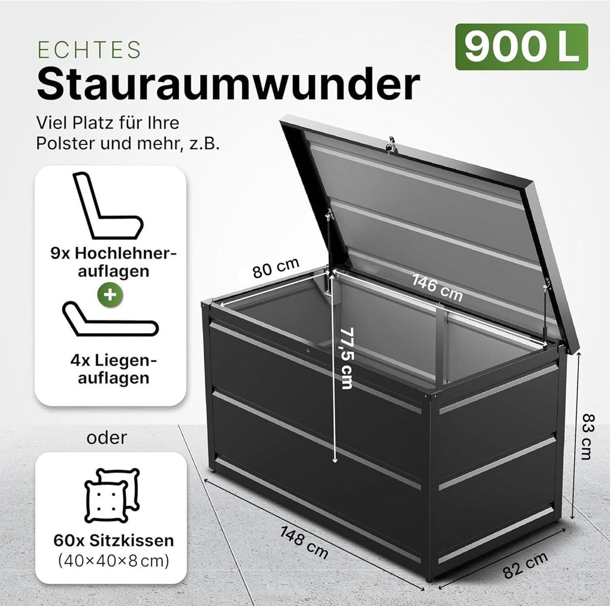 Gartenzeit® Auflagenbox 900L (148×83×82cm) – XXL Gartenbox aus pulverbeschichtem Stahl RAL 7016, wetterfest, wasserdicht & abschließbar, als Sitzbank nutzbar, Outdoor Kissenbox für Polster