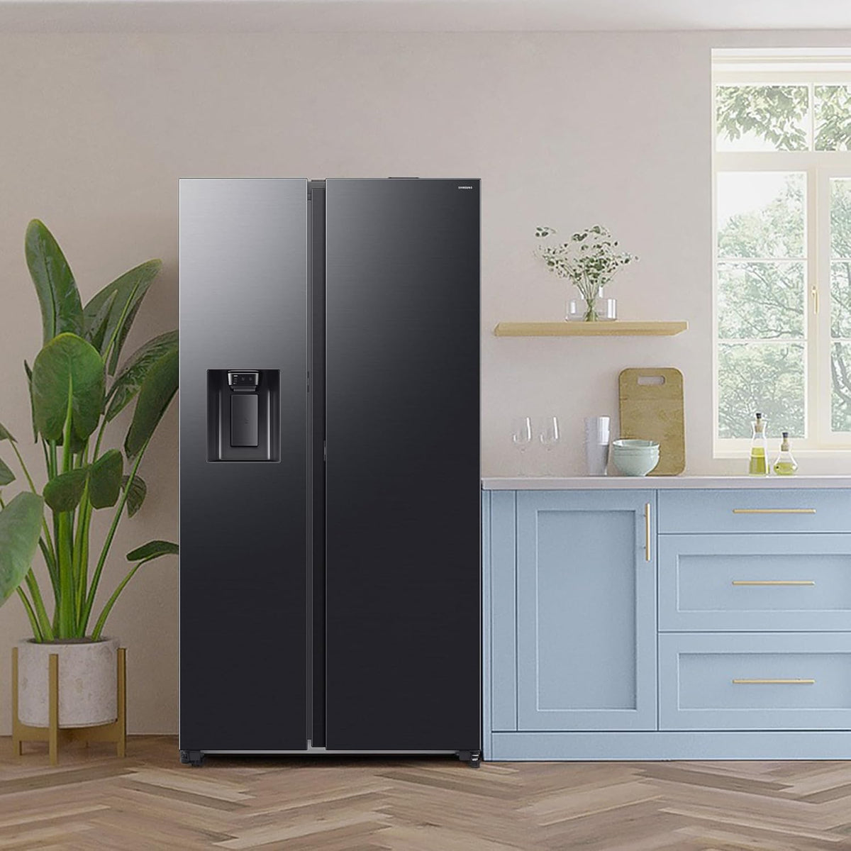 Samsung RS80F64KEFEF Side-by-Side Kühl-Gefrierkombination, AI Kühlschrank mit Gefrierfach, 178,4 cm, 640 l, Eis-/Wasserspender mit Festwasseranschluss, AI Voice Control & Energy Mode, Black Steel