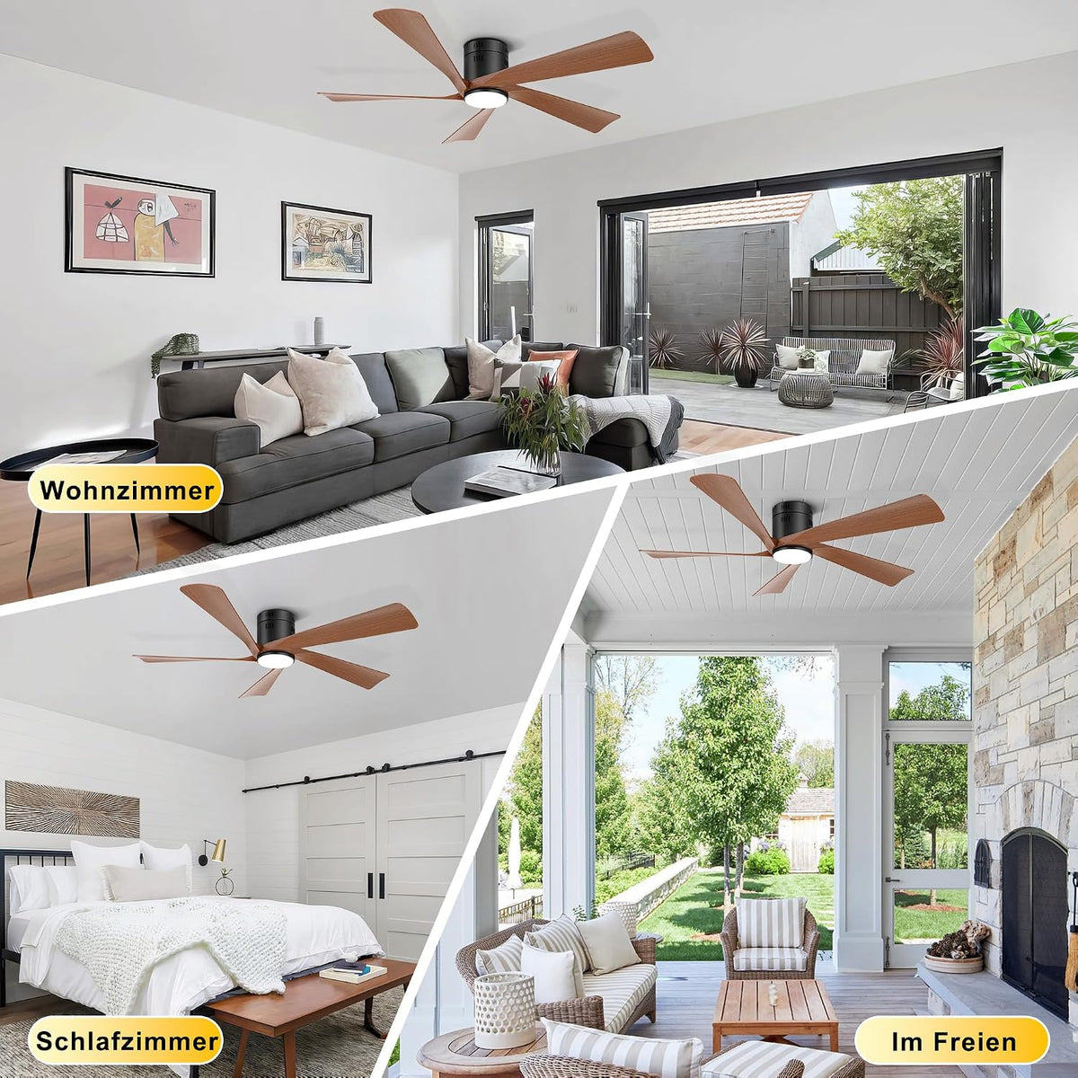 Ohniyou Deckenventilator mit Beleuchtung, 132 cm (52 Zoll), Fernbedienung und App-Steuerung, Deckenventilator für den Außenbereich, Terrasse, Wohnzimmer, Dimmbar, Leiser DC-Motor, Walnuss