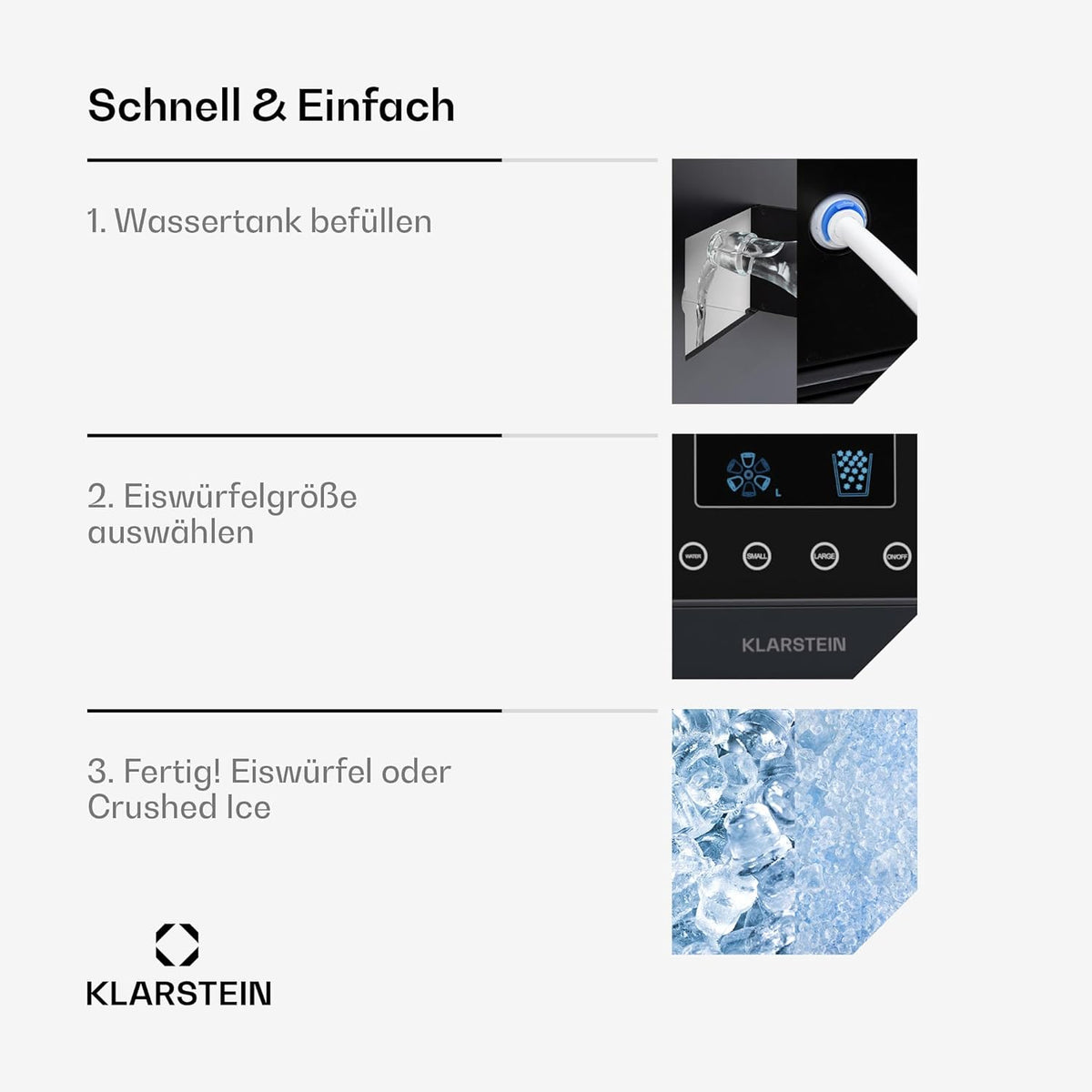 Klarstein Eiswürfelmaschine für Zuhause Camping Gastro, Schnelle Mini-Eiswürfelmaschine Klein, Profi Eismaschine für Crushed Eis, Große  und  Kleine Eiswürfel, 1,8L Wassertank, 15kg Eis in 24h