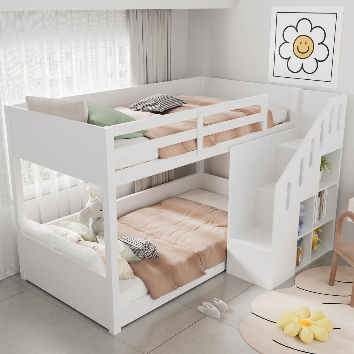 Hochbett Etagenbett 2 Kinder 90x200 cm mit Treppe, Kinderbett Mit & Schließfächern & Rausfallschutz, Kinderzimmer kinderhochbett, Stockbett für Mädchen Junge, Weiß