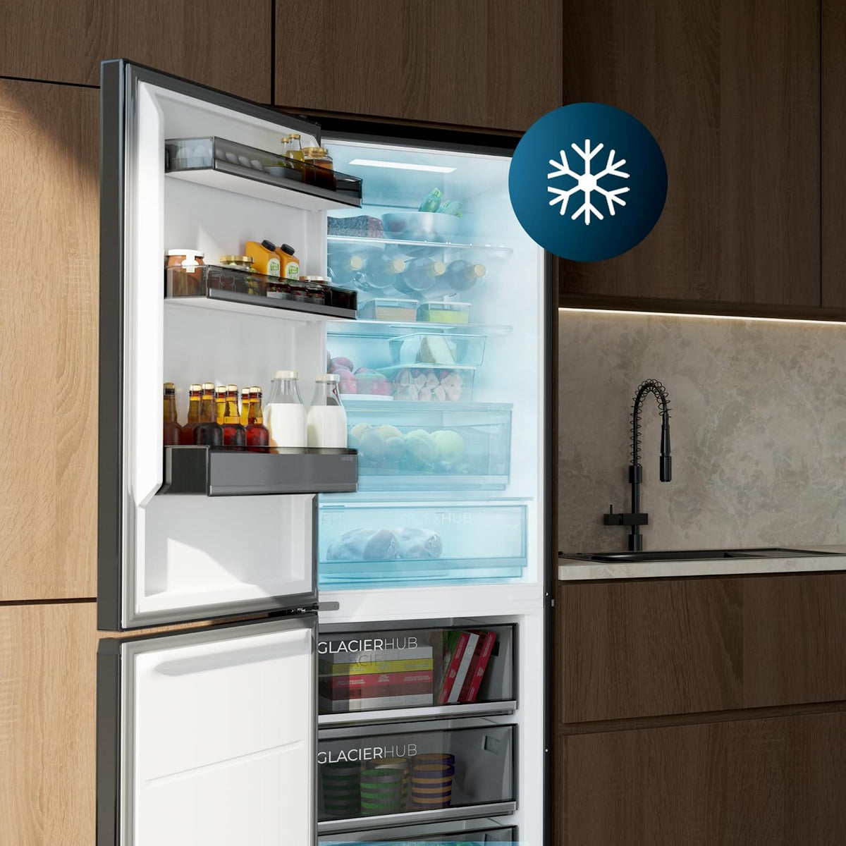Cecotec Kühlschrank Kombi 409 L Total No Frost Bolero CoolMarket Combi 409 Black Glass C. Höhe 185 cm, Max Inside mit VIP Tech, Inverter-Kompressor Plus, geringer Stromverbrauch, variable Temperatur