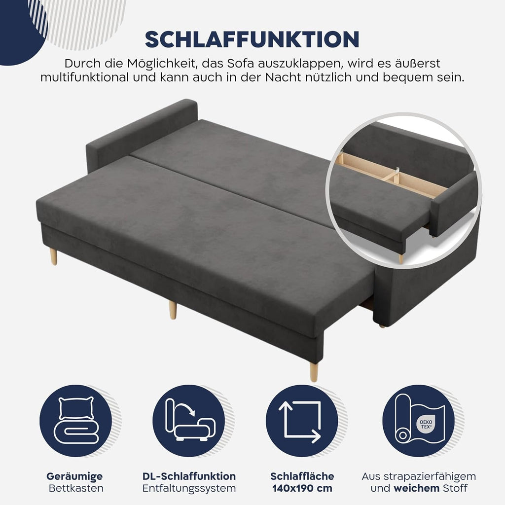 Mebligo - Sofa Mit Schlaffunktion Und Bettkasten Blank, 3 Sitzer 212 cm Breit, Schlafsofa Mit Bonellfederkern im Sitz, Ausziehbares Couch Auf Holzfüßen, Wohnzimmer - Beige