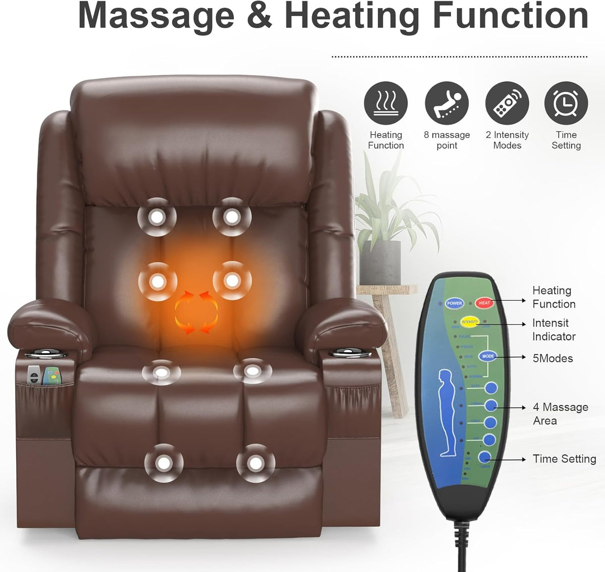 Fernsehsessel Massagesessel Elektrisch Relaxsessel mit Liegefunktion Aufstehhilfe, Massage Heizung, Fußteil, Getränkehalter 4 Seitentaschen,TYP C & USB-Anschlüsse Leder Sessel