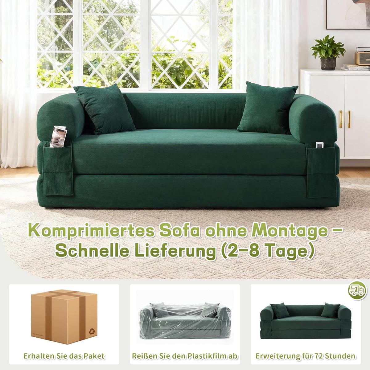 BMMB Bodensofa mit Schlaffunktion, 203cm 3-sitzer Boneless Couch Sofa, Klappbar Schlafsofa Schlafsessel Bed mit 2 Kissen, Moderne Klappsofa Sofabett für Wohnzimmer Schlafzimmer (Dunkelgrün, 8025)