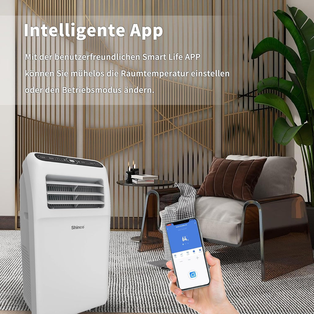 SHINCO Mobile Klimaanlage mit Abluftschlauch, 12000BTU, Kühlung&Heizung&Ventilieren&Entfeuchten, Mobiles Klimagerät mit Fenstermontage-Kit, 24H-Timer, APP, für Räume von etwa 90m³, Weiß