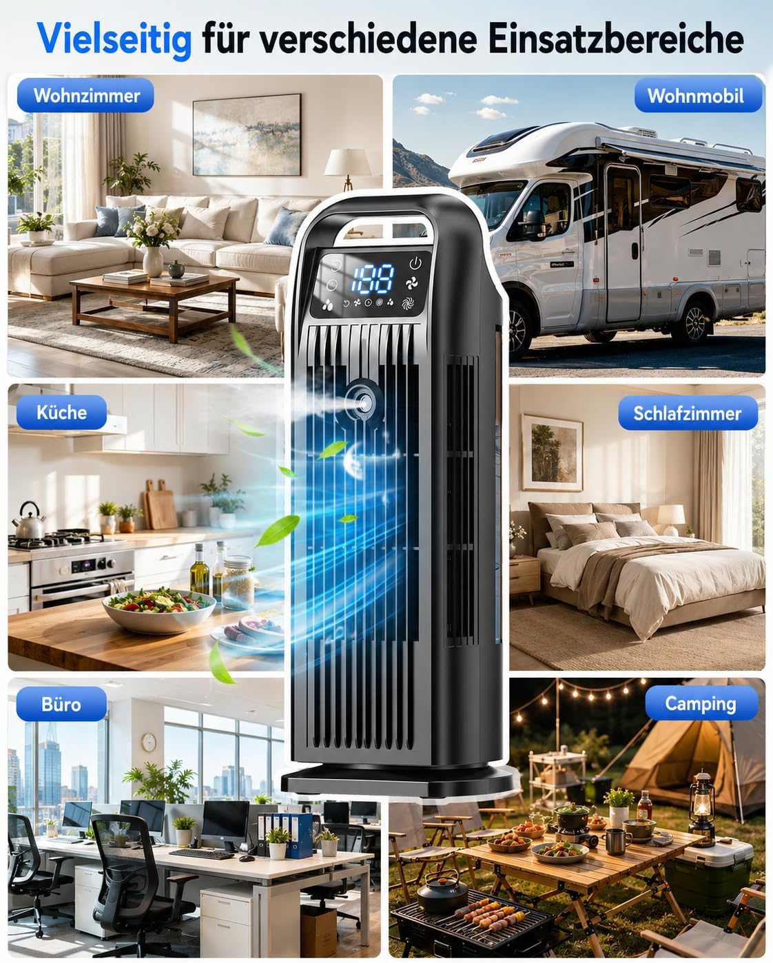 Mobile Klimaanlage ohne Abluftschlauch 6-in-1, Luftkühler mit Wasserkühlung, Mini Klimaanlage Mobil, Klimagerät, 120° Oszillation, 1200ML Tank, 1-12H Timer, Fernbedienung, Mitternachtsschwarz
