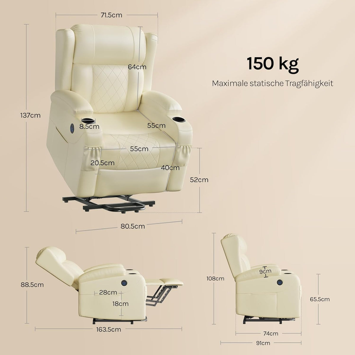 WOLTU Massagesessel, elektrisch verstellbar, mit Liegefunktion Aufstehhilfe, Massage Heizung Fußstütze Seitentaschen Becherhaltern USB-Port, Kunstleder, Beige