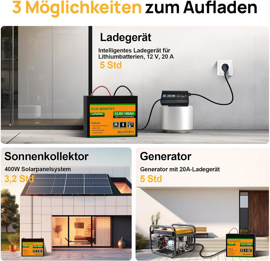 ECO-WORTHY LiFePO4 12V 100Ah Bluetooth mit 100A BMS Low Temperature Schutz und Max. 15000 Zyklens,1280Wh Lithium Batterie 12V 100Ah Autobatterie für Wohnmobil,Wohnwagen,Boot