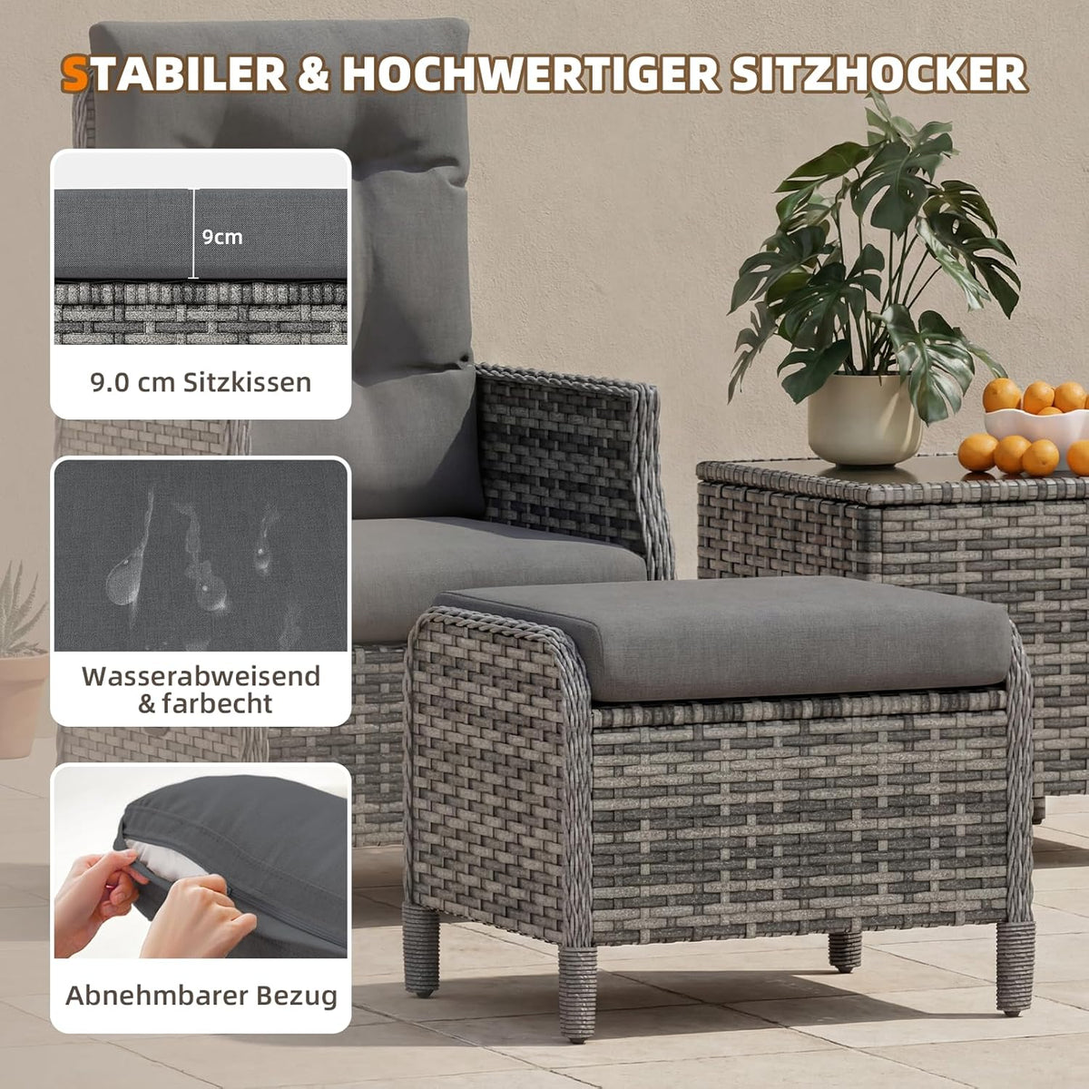 UDPATIO Lounge Möbel Outdoor Set 5-teilig mit Verstellbaren Sessel, Fußhocker und Couchtisch | Rattan Gartenmöbel | Balkonmöbel Kleiner Balkon | Wetterfest Terrassenmöbel | Dunkelgrau