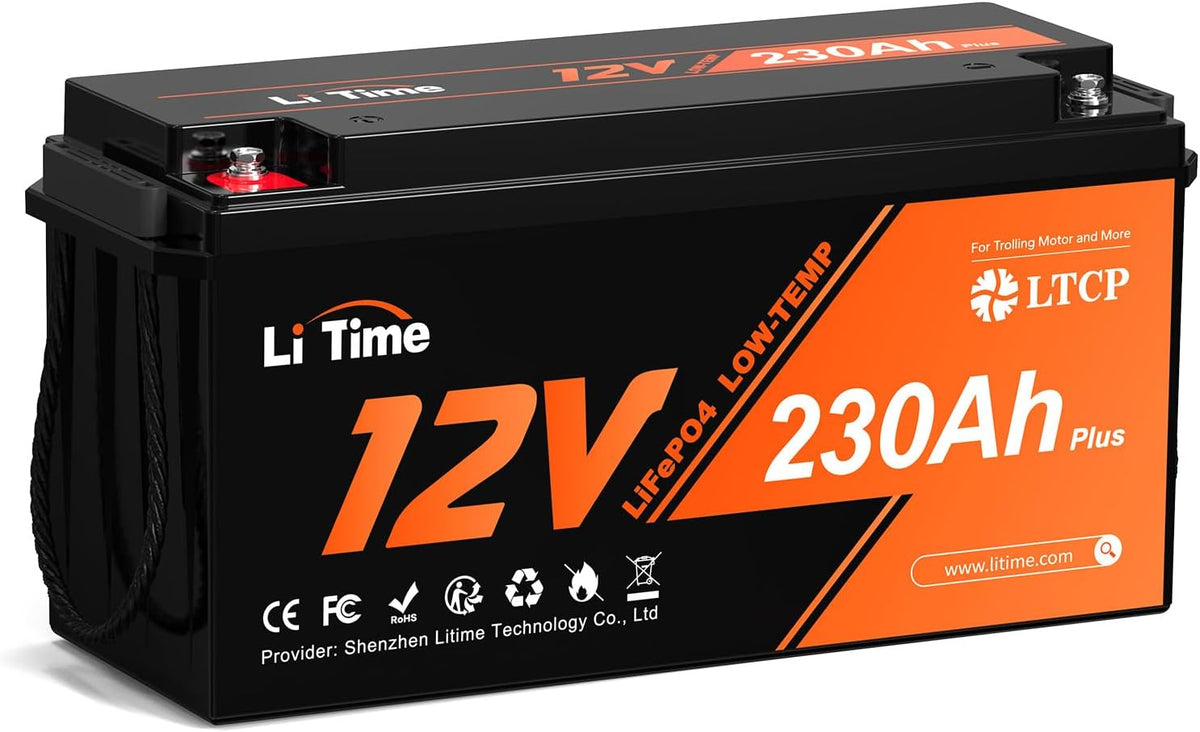 Litime 12V 230Ah Plus LiFePO4 Batterie Low-Temp-Schutz Eingebautes 200A BMS, Max 2944Wh Energie, Lithium-Eisenphosphat Batterie Perfekt für Womo, Camping, Solaranlage, Boot, Hausenergiespeicher