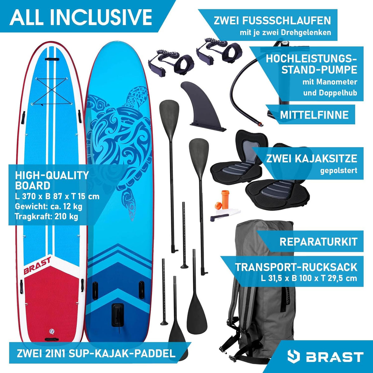 BRAST SUP Board Family | Aufblasbares Stand up Paddle Set XXL | 370x87x15cm bis 210kg | 7 Designs | inkl. Zubehör 2X Kajak-Sitz 2X Fußschlaufe 2X Paddel Pumpe Rucksack