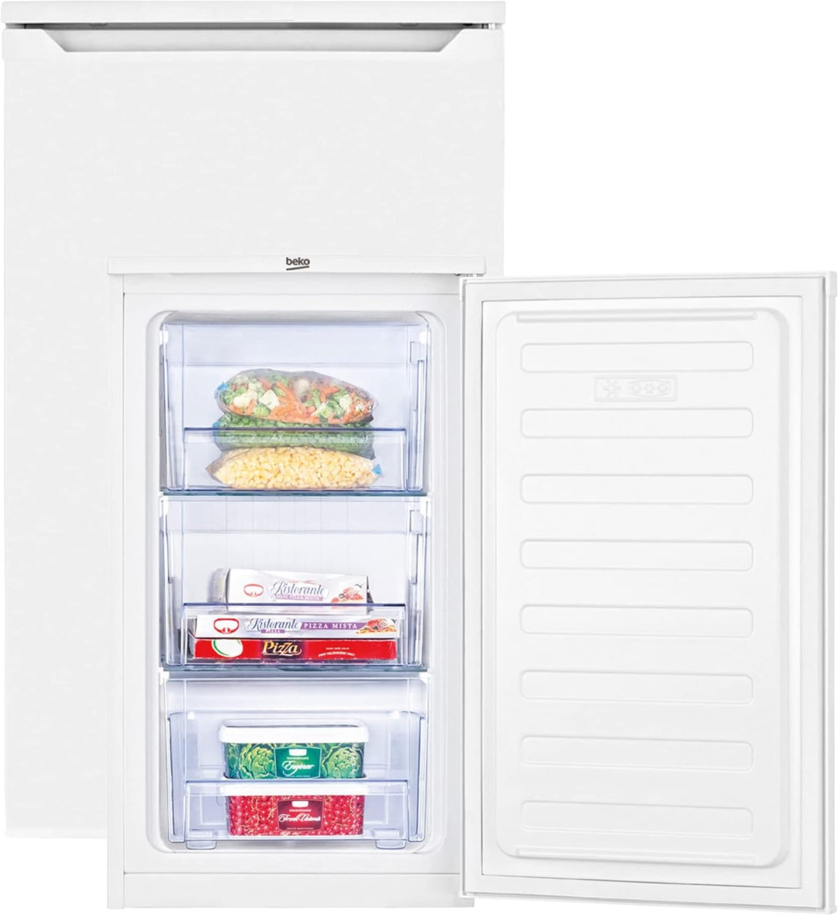 Beko FS166020 Gefrierschrank, freistehend, unterbaufähig, 65 l Nettovolumen, 3 kg/24h Gefrierkapazität, 3 Schubladen, MinFrost, wechselbarer Türanschlag, in unbeheizten Räumen nutzbar, Weiß