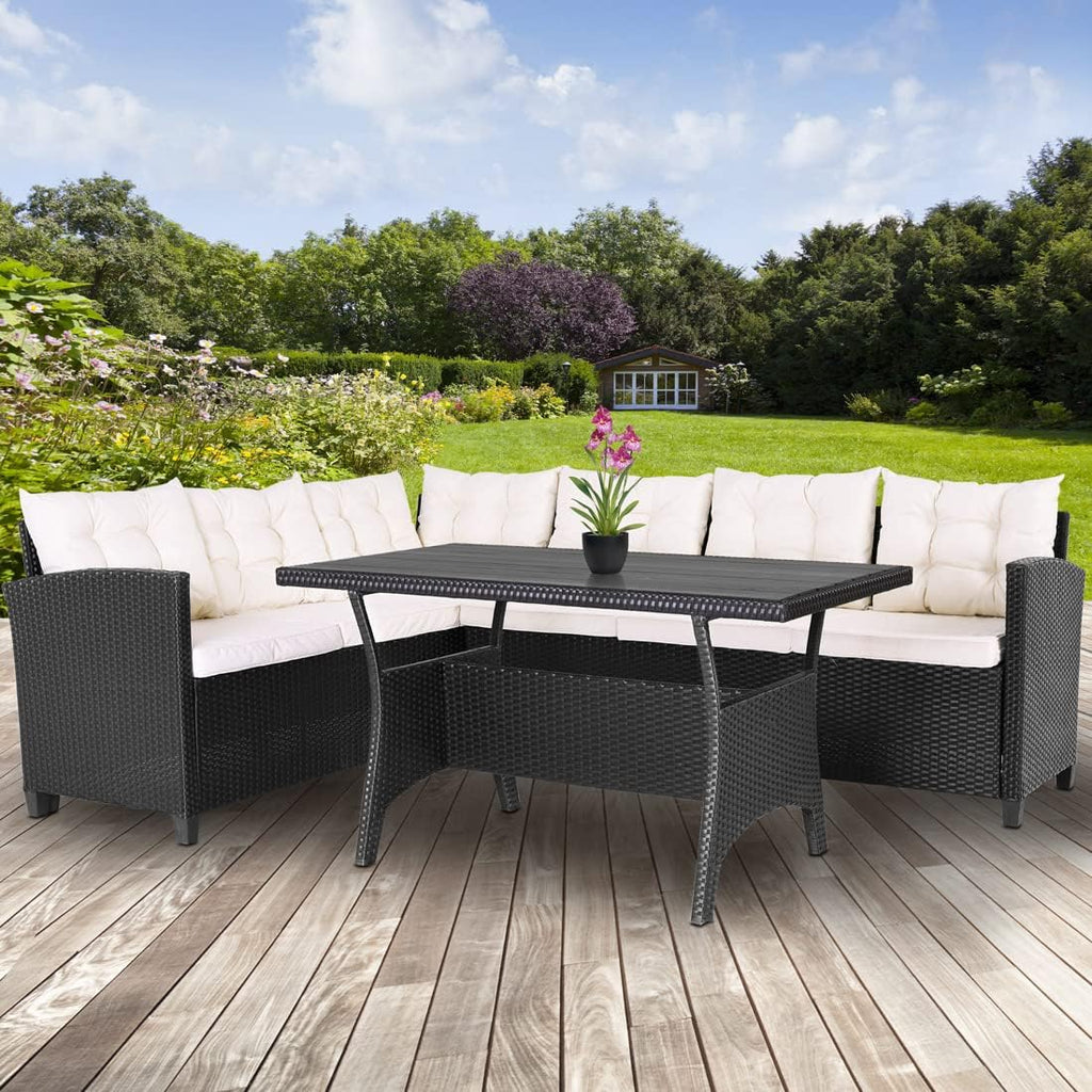 Casaria® Polyrattan Ecklounge Set WPC Esstisch Ecksofa inkl. 7cm Sitzauflagen 15cm Kissen Wetterfest Outdoor Lounge Garten Terrasse Balkon Möbel Schwarz