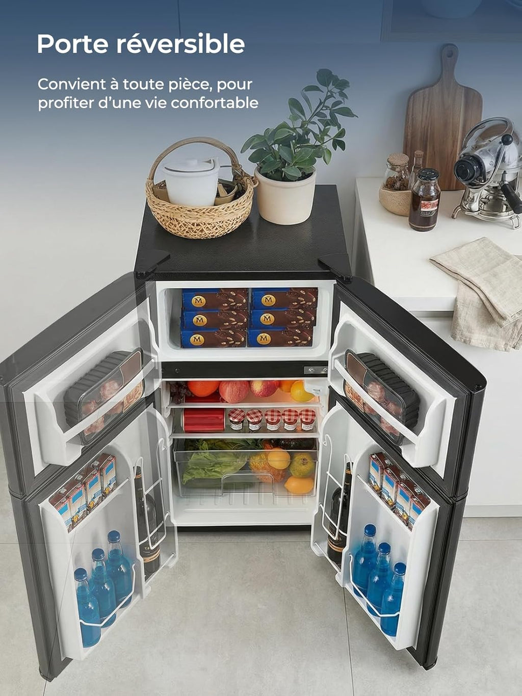 FOHERE Mini Kühlschrank mit Gefrierfach Klein 90L, 26 L Gefrierfach | 64 L Kühlschrank für Schlafzimmer, 7-Stufen Thermostat, Energieeffizien, 43 dB mit 2 Wechselbare Tür, für Wohnheime, Wohnungen
