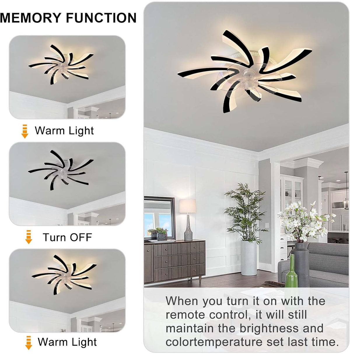RGB Deckenventilator Mit Beleuchtung Und Fernbedienung Leise, Moderne Blume Ventilator Lampe LED Dimmbar, 6 Gang DC Motor Reversibler Deckenlampe Mit Ventilator Für Schlafzimmer Wohnzimmer-Black