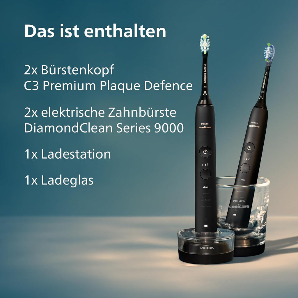 Sonicare DiamondClean 9000 elektrische Zahnbürste, Schallzahnbürste mit App, Andruckkontrolle, 4 Putzmodi, 3 Intensitätsstufen, Ladeglas, Schwarz und Roségold, Zweierpack, Modell HX9914/57
