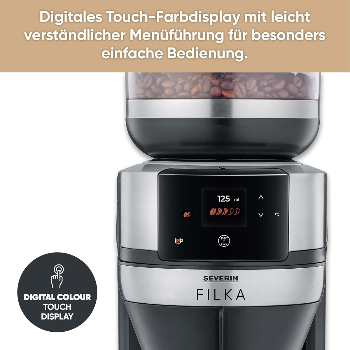 SEVERIN Filka, Vollautomat für Filterkaffee, 5-in-1 Filterkaffeemaschine mit LED-Display, Mahlwerk, mit Thermokanne, schwarz-matt, Edelstahl, KA 4853