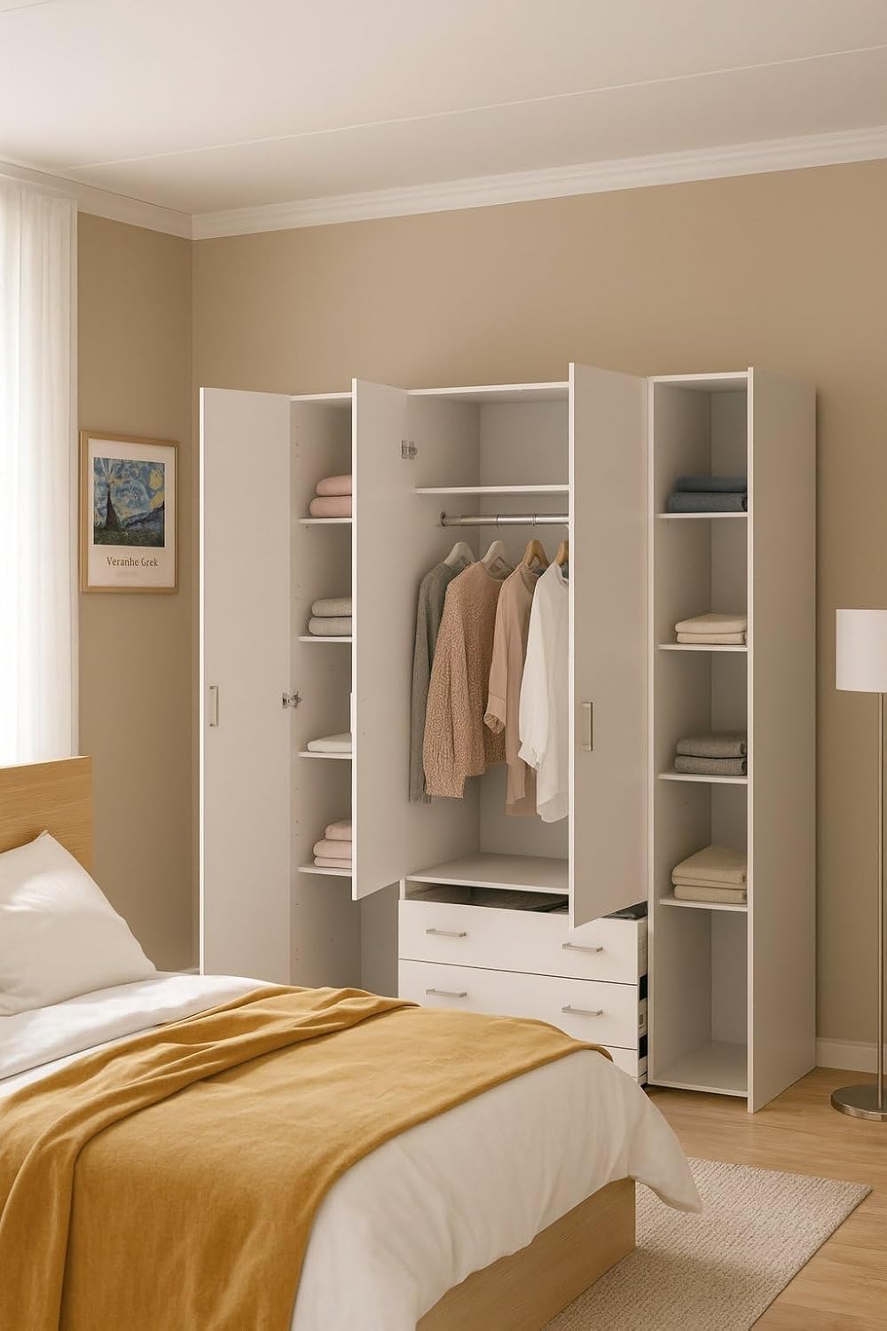 Dmora Grande Francine Kleiderschrank, Schlafzimmermöbel, begehbarer Kleiderschrank, 154x50 h200 cm, weiß