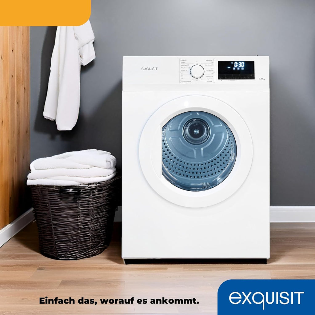 Exquisit Wäschetrockner 7kg, Trockner, Startzeitvorwahl, Knitterschutz, Ablufttrockner, 15 Programme, Kindersicherung, Energieklasse G, TAE70-70 weiss