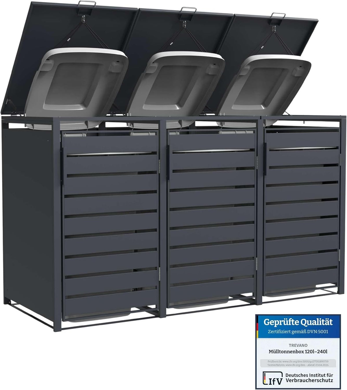 TREVANO Mülltonnenbox 3er 240l - Mülltonnenverkleidung 3 Tonnen Anthrazit - Robustes Mülltonnenhaus aus Stahl - Wetterbeständige Müllboxen für 3 Tonnen - Mülltonnen Unterstand 120l-240l