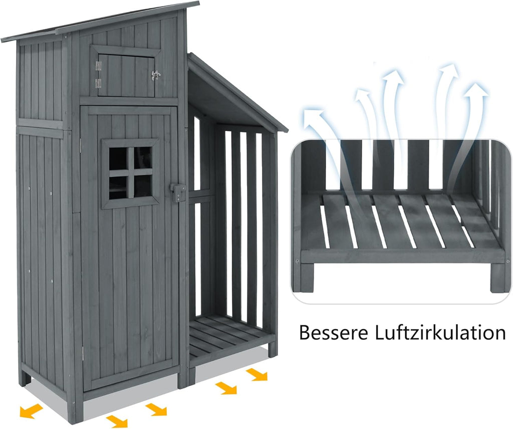 Su & Chan Legence Holzgerätehaus mit großem Stauraum, wetterfester Geräteschuppen mit Zwei Ablagen, vielseitiger Gartenschrank für Werkzeuge und mehr, 124 x 46 x 174 cm, Grau