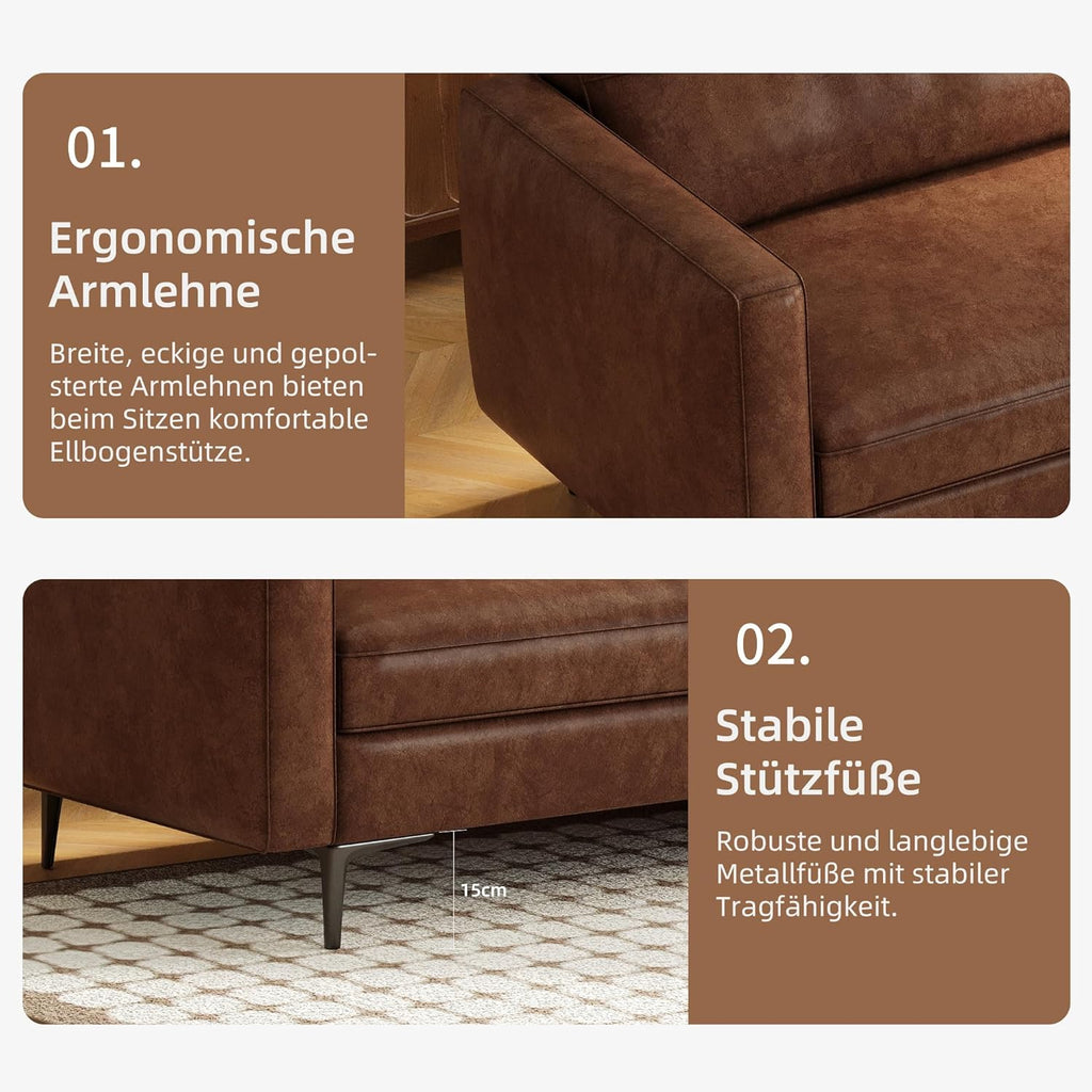 3-Sitzer Sofa in Vintage Lederoptik – Kompaktes Kunstleder Sofa mit Knopfheftung, Metallfüßen & Geraden Armlehnen, Braun – Retro Couch für Wohnzimmer, Büro oder kleine Wohnung (220cm Streifendesign)