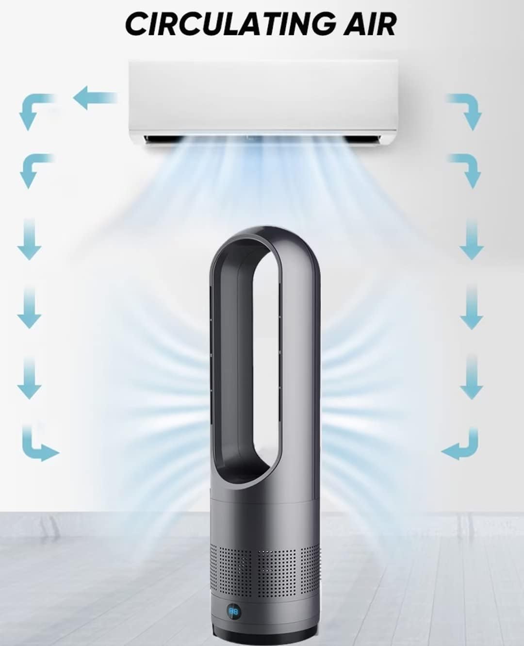 Moderner Turmventilator ohne Flügel, 40 W, natürliche Windkühlung, 80 ° Oszillation mit Fernbedienung, 8 Geschwindigkeitsstufen, 8 Stunden Timer, LED-Anzeige, leise