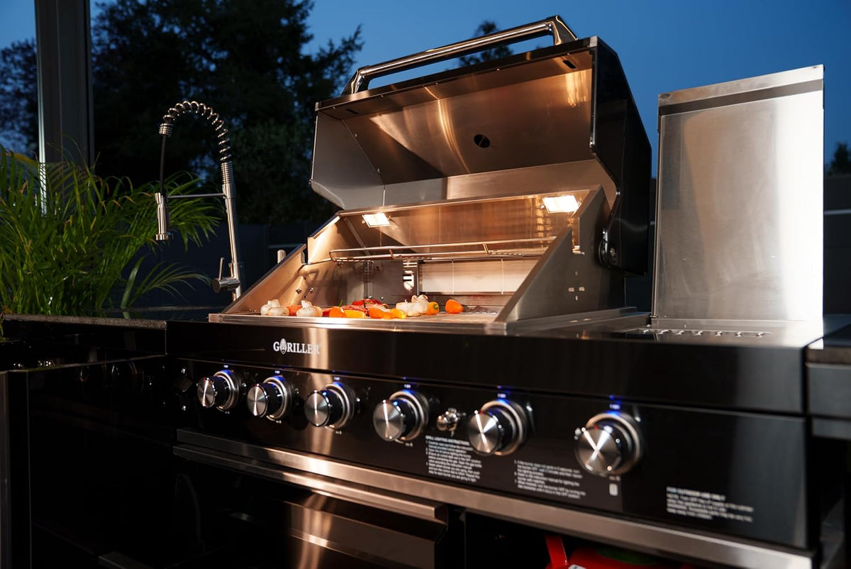 GORILLER® BLACKBACK M6 Outdoor-Küche, Gasgrill mit Doppel-Kühlschrank und Waschbecken, Edelstahl, Schwarz