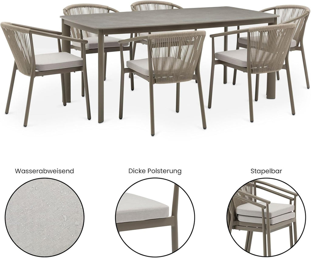 IDIMEX Gartenmöbel Set TAVOLO mit 6 Stühlen und Tisch, Champagner - 180x90 cm Gartentisch mit Keramik- Platte, Outdoor Essgruppe, Stühle mit Rope Bespannung, wetterfest für Garten Terrasse & Balkon