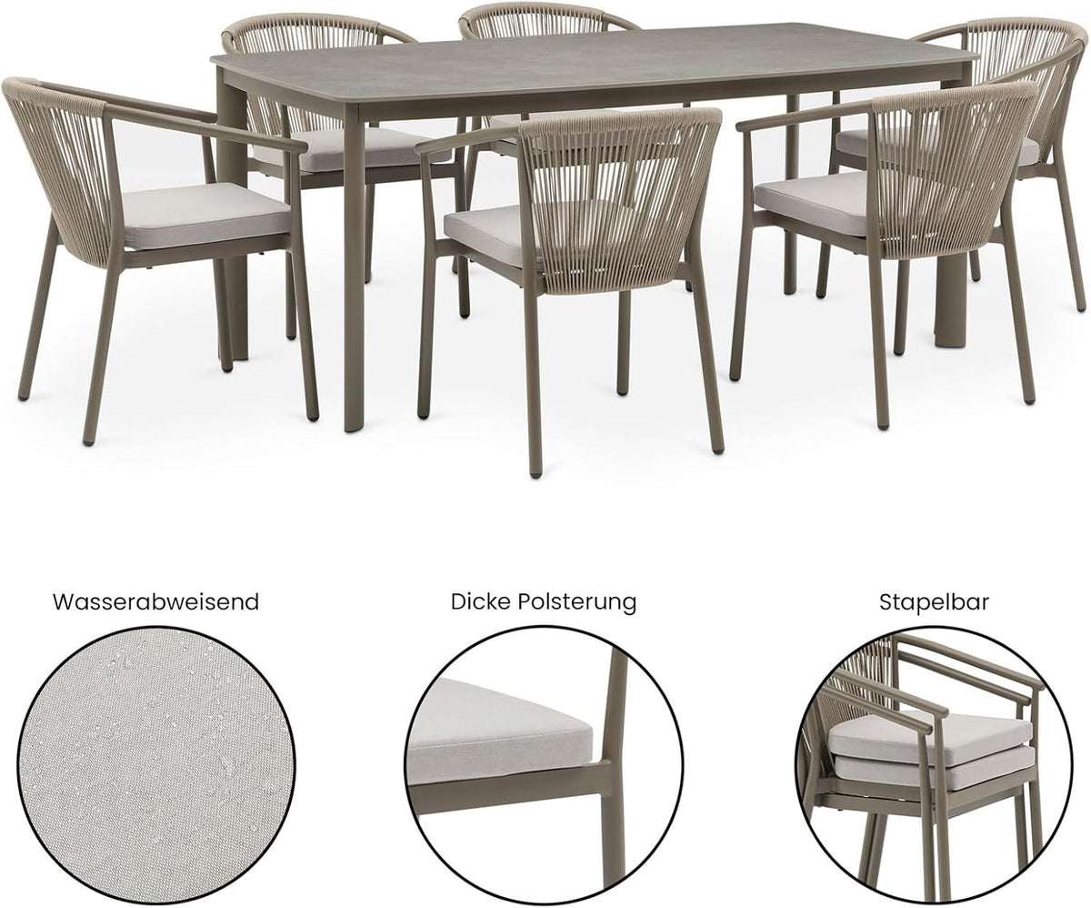 IDIMEX Gartenmöbel Set TAVOLO mit 6 Stühlen und Tisch, Champagner - 180x90 cm Gartentisch mit Keramik- Platte, Outdoor Essgruppe, Stühle mit Rope Bespannung, wetterfest für Garten Terrasse & Balkon