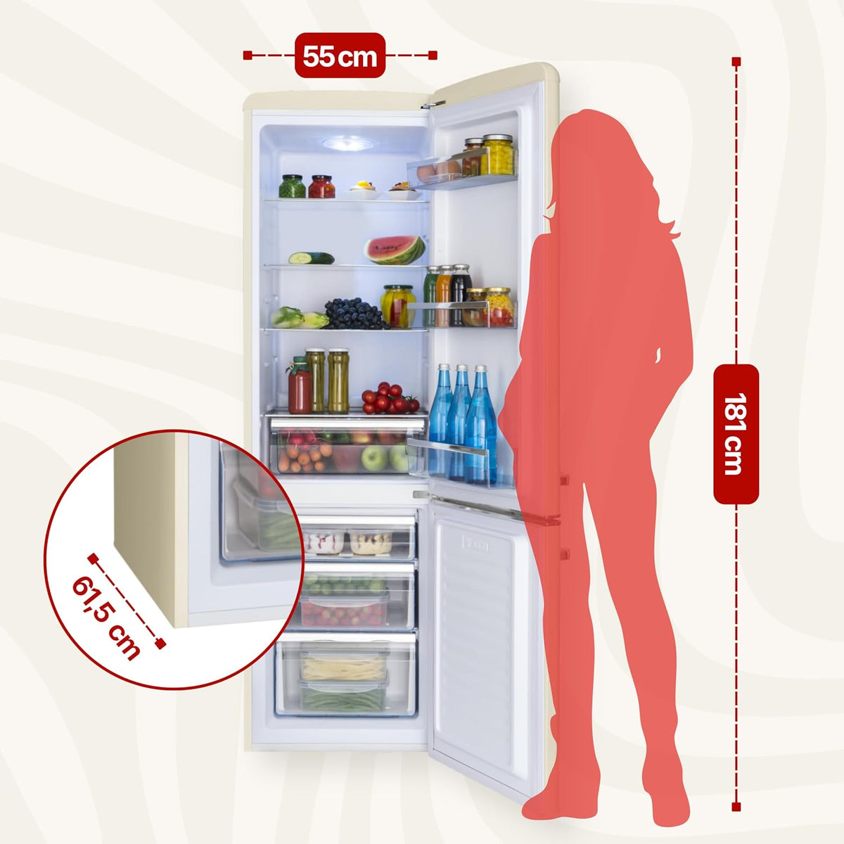 Amica Retro Kühlschrank freistehend mit Gefrierfach 244 l LED Beleuchtung Glasablagen Chrom Flaschengitter 181 x 55 x 62 cm Beige - Kühl Gefrierkombination